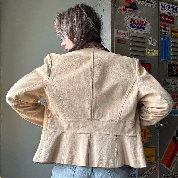 Vintage Y2K Suede Jacket | Wine Floral Embroidery | Khaki Leather | Size L - Picture 5 of 11